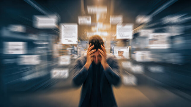 Overwhelmed by Digital Chaos: A man grapples with a flood of digital information and virtual overload, embodying the struggles of modern overload