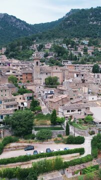 Aerial View Valldemossa Village and Church of Sant Bartomeu Mallorca