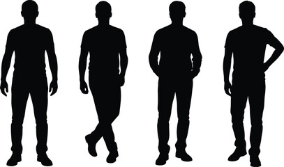 Four human silhouettes in different standing postures, relaxed, casual, and confident stances for body language and design concepts © mokbul