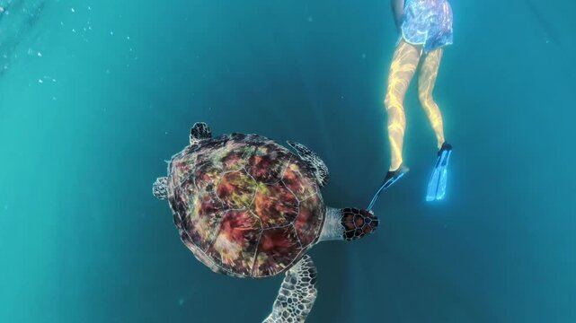 Sea turtle swimming with its head above the water, creating a split view of aquatic and sky environments, portraying marine life in Port Barton, Palawan, Turtle Sanctuary in Philippines