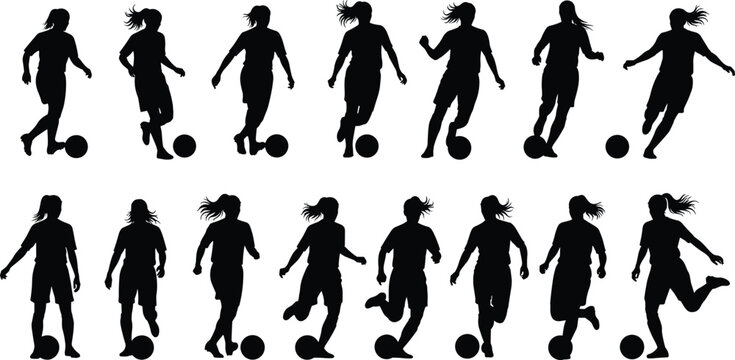 Fourteen soccer player silhouettes in dynamic poses with ball control, dribbling, running, and kicking for sports design concepts