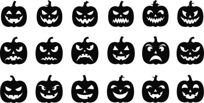 Halloween pumpkin faces silhouette vector set spooky jack o lantern collection with scary expressions isolated black design for decoration
