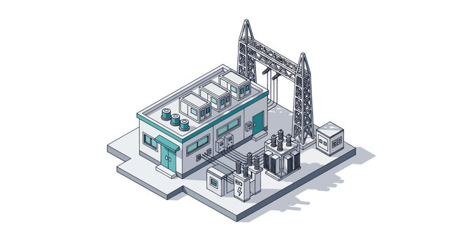 Modern Industrial Power Substation Building with Transformers and Crane.