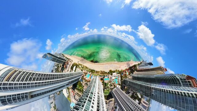 Surreal unusual angle of highrise condo towers on the beach 4k