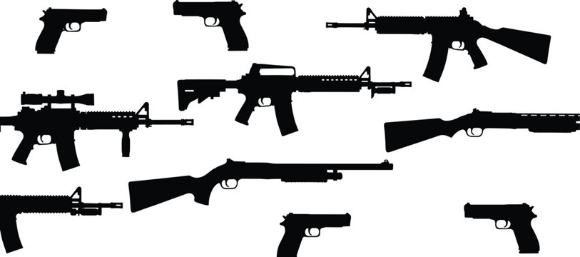 Set of firearm silhouettes including pistols, rifles, and shotguns in clean black vector style, isolated on light background.