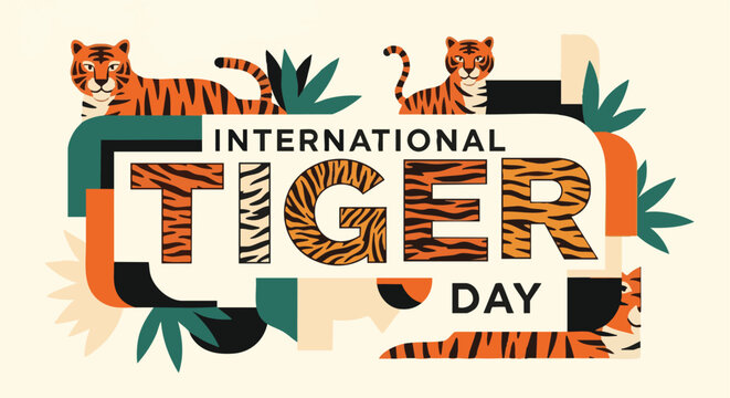 International Tiger Day typographic illustration with tropical leaves and tigers in bold colorful design for conservation awareness