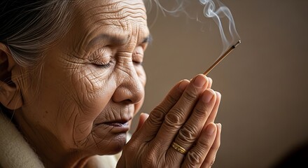 Fototapeta premium Elderly Asian woman with closed eyes and hands pressed together in prayer, holding a smoking incense stick, showing deep contemplation and spiritual devotion.