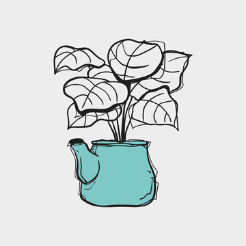 Hand Drawn Doodle Philodendron Plant in Teal Blue Vintage Teapot Sketch Vector