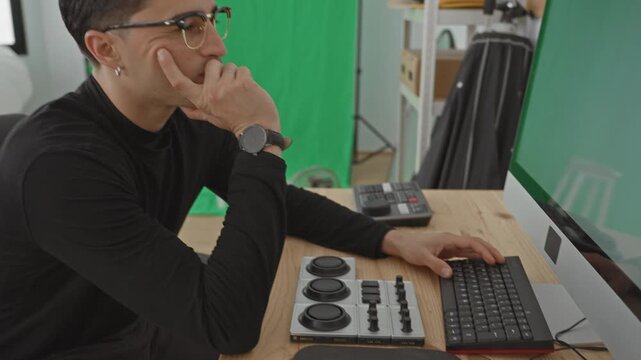 Man at computer with finger to cheek in studio, wearing glasses and watch, green screen backdrop visible; creative concentration.
