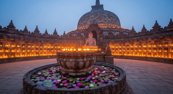 Borobudur temple at dawn, illuminated by countless candles and a central Buddha statue, with a basin of floating flowers in the foreground.