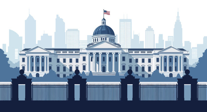 Stylized vector illustration of a grand neoclassical building in America, showcasing its detailed architectural design against a city skyline with a dominant blue color scheme, rendered
