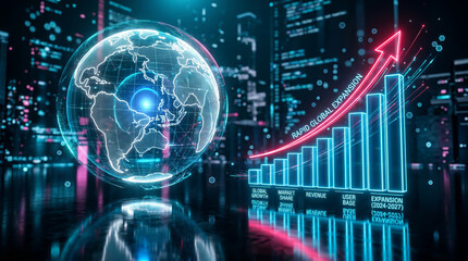 Fototapeta premium Global Business Expansion and Market Growth with Holographic Earth Globe and Rising Bar Graph in a Digital Cityscape