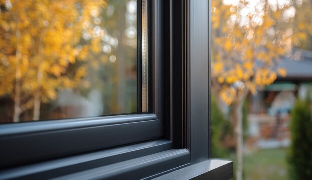 A modern black aluminum window frame on an exterior residential building with autumn foliage in background