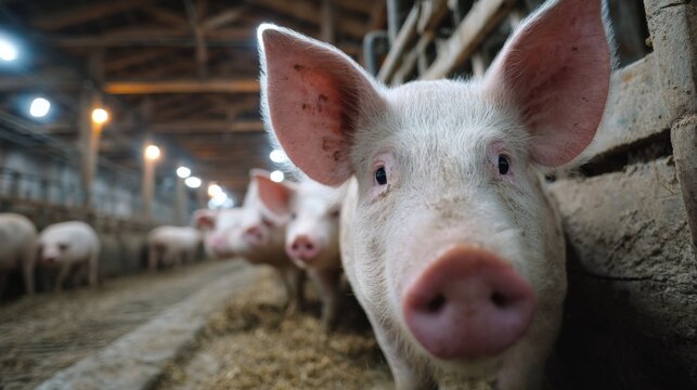 Pigs eat from troughs in a barn on a pig farm during the day under farm lights in a rural area