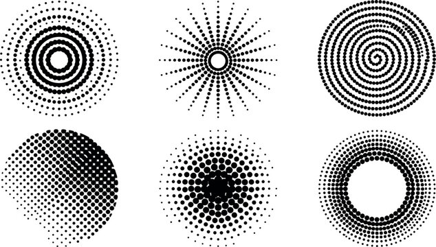 Black halftone dot pattern circles with spirals and radiating shapes vector art