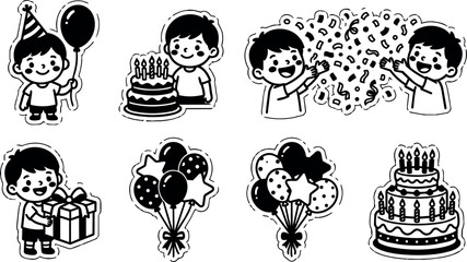 Fototapeta premium Black and white birthday party kids with cake balloons and gifts vector art