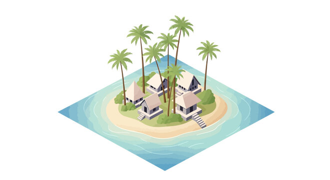 Isometric illustration of a summer vacation pack featuring a resort city beach scene with palm trees and bungalows, rendered in a clean vector style against a white background
