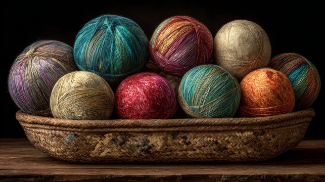 Colorful yarn balls arranged in a woven basket on a wooden table with a dark background