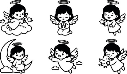 Fototapeta premium Black and white line art cute angels with halo birds and moon