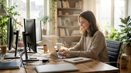 Obraz premium Young woman working on laptop at desk with dual monitors in cozy home office filled with natural light and plants, smiling and focused on task