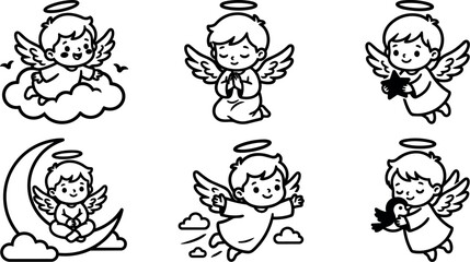 Fototapeta premium Cute cherubic angel boys flying and sitting on moon and cloud