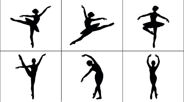 Silhouette collection of ballet dancers performing various poses in black and white vector art