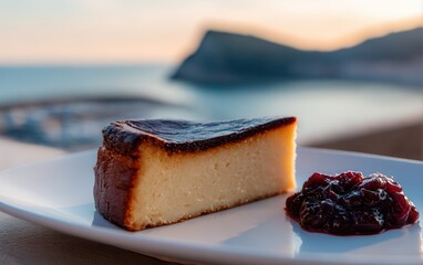 Naklejka premium Burnt Basque cheesecake slice at San Sebastian sunset view