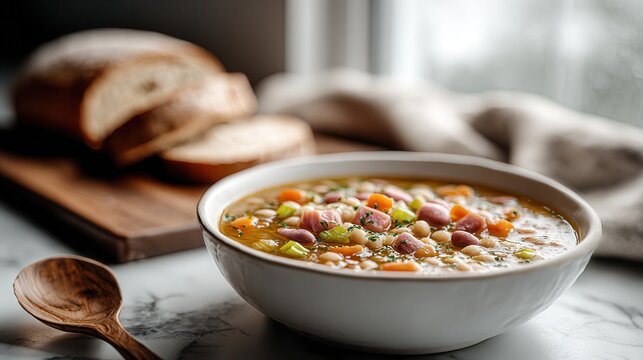 Hearty ham and bean soup served on a gray marble countertop