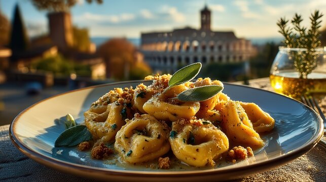 Close-up view of tortellini in Verona with background