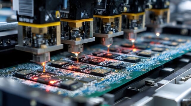 Industrial assembly line with electronic components in manufacturing process