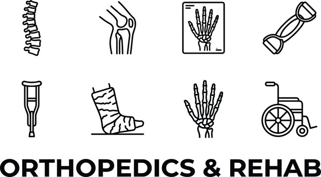 Orthopedics and rehab line art icons set spine knee x ray skeleton hand crutches cast wheelchair.