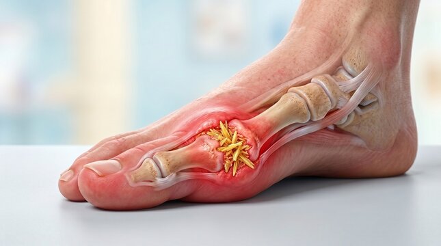 Gout inflammation in foot joint with uric acid crystal deposits