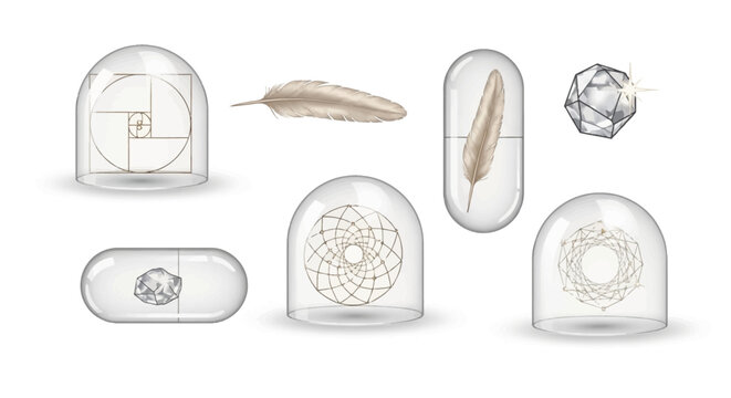 An illustrative still life for World Intellectual Property Day showcases creativity, innovation, and design principles with golden ratio, geodesic sphere, and feather elements encased