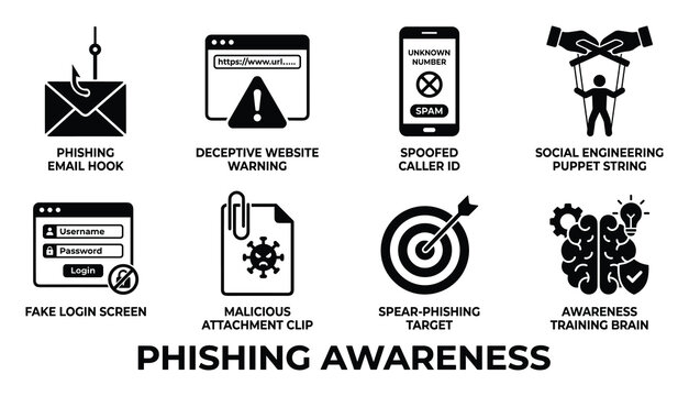 Phishing awareness icons warning about email website caller ID social engineering puppet fake login.