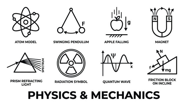 Physics and mechanics icons set for science and education with atom model, pendulum, apple falling, magnet.