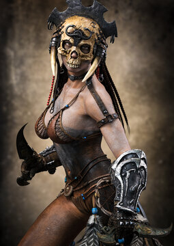 Dystopia tribal warrior woman with skull mask and daggers. 3d rendering