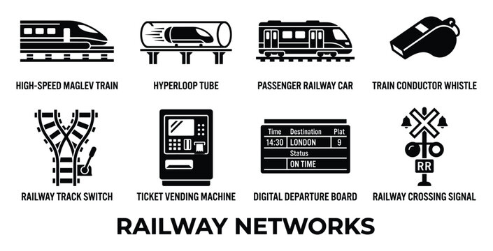 Railway networks transportation icons collection for travel and transport services website or app vector graphic.