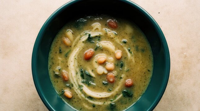 Enjoying Reshteh Noodle and Bean Soup With Herbs and Kashk in a Deep Bowl