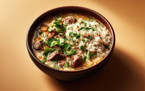 Kharcho soup in a ceramic bowl on beige surface