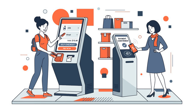 Professional retail manager and office clerk using automated self-service kiosks and mobile contactless payment terminals, ideal for fintech articles, retail tech and corporate blogs