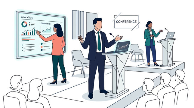 Senior executive and data analyst presenting growth charts on stage at a corporate conference with audience, ideal for financial seminar ads, annual reports and professional training