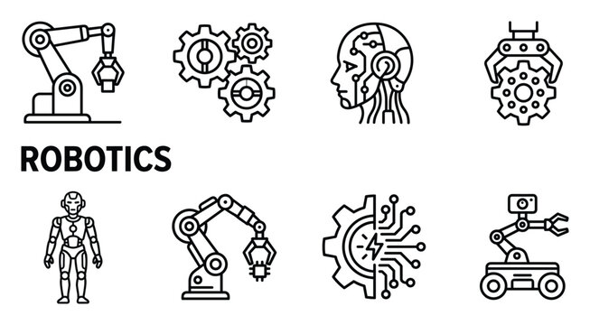 Robotics icons robotic arm gears human head circuitry and humanoid robot automation.