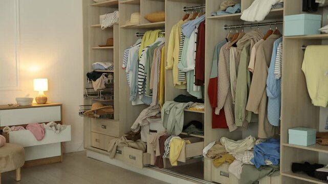 Many different messy clothes in wardrobe indoors. Camera moving right