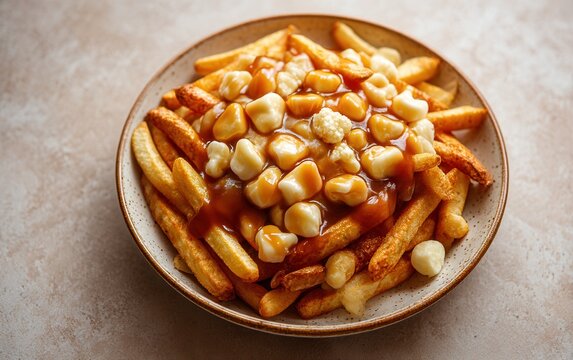 Classic poutine displayed on a ceramic plate with fries