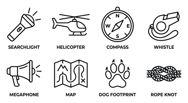 Set of eight survival and rescue equipment icons including searchlight, helicopter, compass, whistle, megaphone, map, paw print, knot.