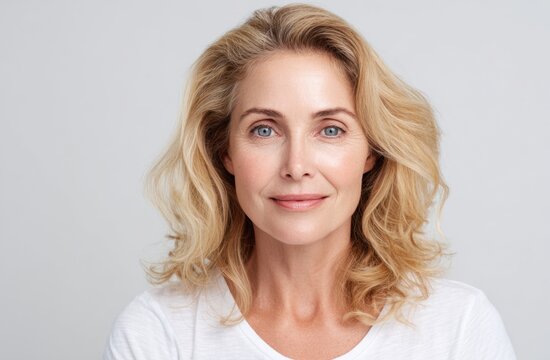 Portrait of a mature woman with blonde wavy hair and clear blue eyes wearing a white top