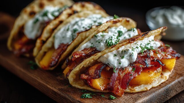 Pancake tacos with peaches and pancetta on a wooden board