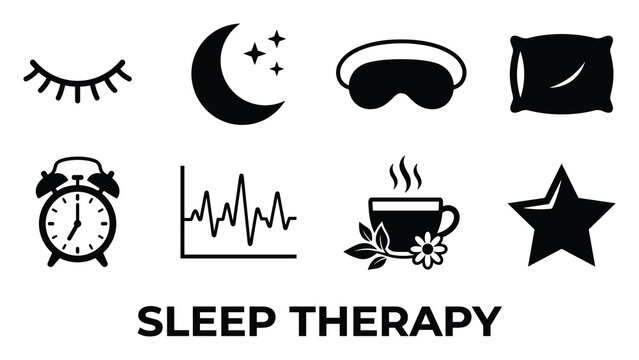 Sleep therapy icons for rest and relaxation with eye moon mask pillow alarm clock waves.