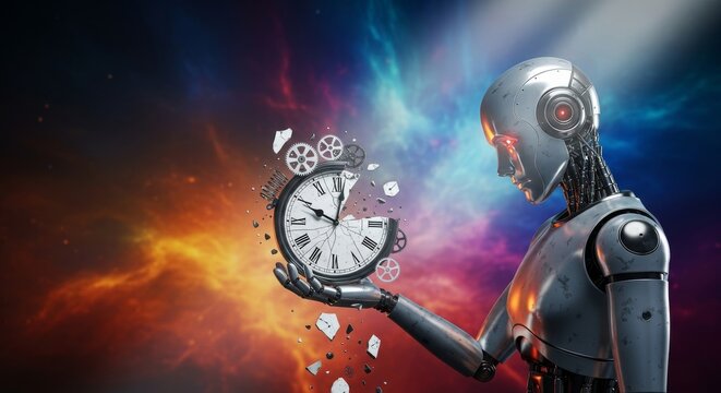 Metallic robot holding a shattered clock with broken gears, representing the intense pressure of lost time and the anxiety of deadlines, pressure, cogs, broken