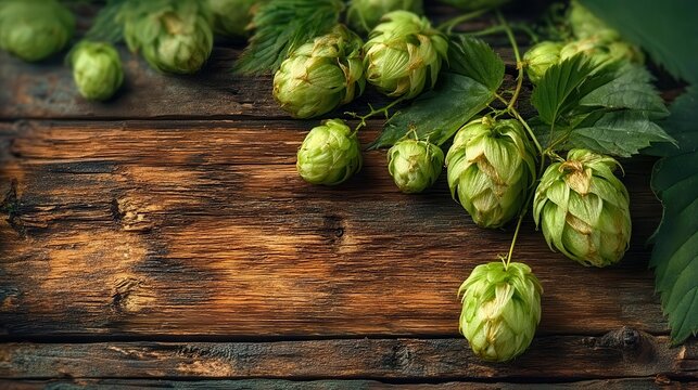 Close up of hop twig on wood table with beer ingredients
